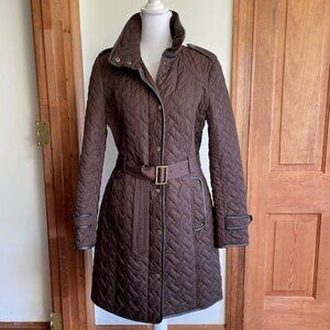 COLE HAAN Puffer Quilted Belted Coat Leather Trim Brown